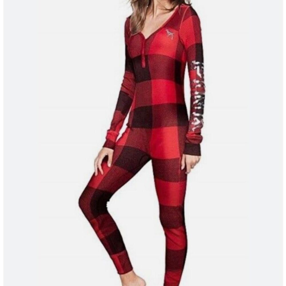 Victoria’s Secret pink one piece bling, red plaid, thermal pajama sleepwear XS